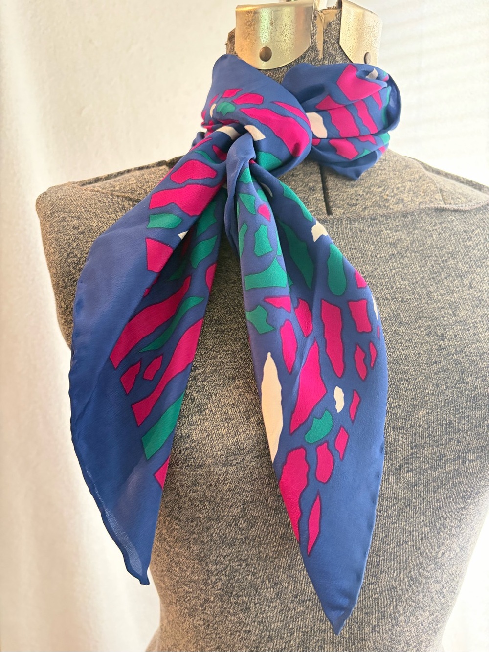 Vintage 1980s square scarf bold abstract print royal blue, reddish-pink, teal
